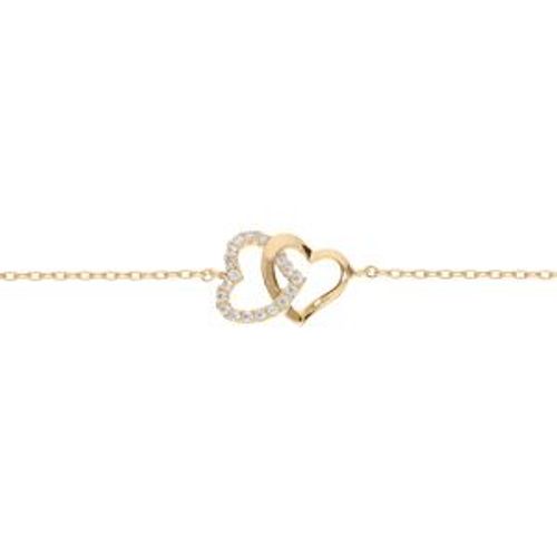 Bracelet Plaqué Or Double Coeur Entrelacé Oxydes Blancs Sertis 16+2,5cm