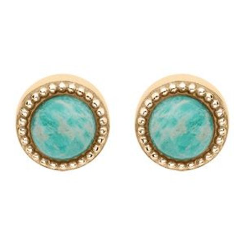 Boucles D'oreilles Tige Plaqué Or Cabochon Contour Perlé Pierre Amazonite Véritable