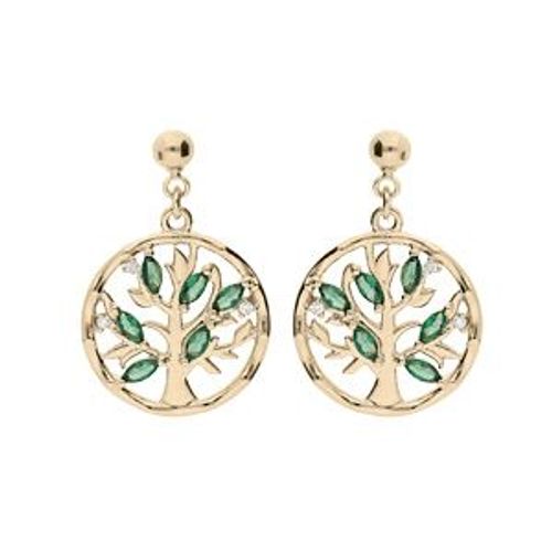 Boucles D'oreilles Tige Plaqué Or Arbre De Vie Oxydes Vert
