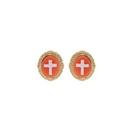 Boucles D'oreilles Tige Plaqué Or Style Camée Motif Croix Résine Rose