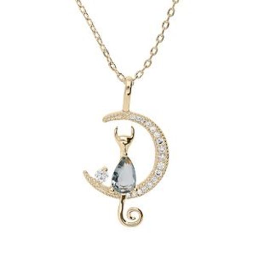 Collier Plaqué Or Demi Lune Et Chat Oxyde Bleu 40+5cm