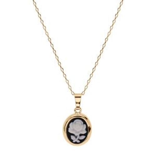 Collier Plaqué Or Pendentif Camée Motif Fleur Résine Noire 40+5cm