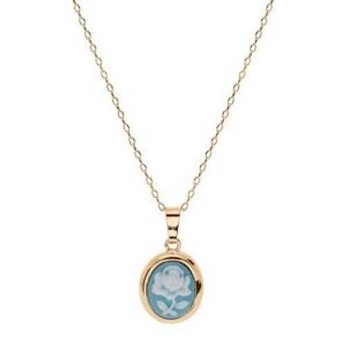 Collier Plaqué Or Pendentif Camée Motif Fleur Résine Bleue 40+5cm