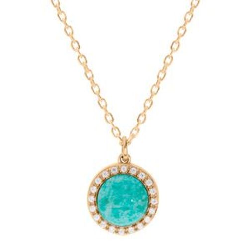 Collier Plaqué Or Pendentif Cabochon Contour Oxydes Blancs Sertis Pierre Amazonite Naturelle 42+3cm