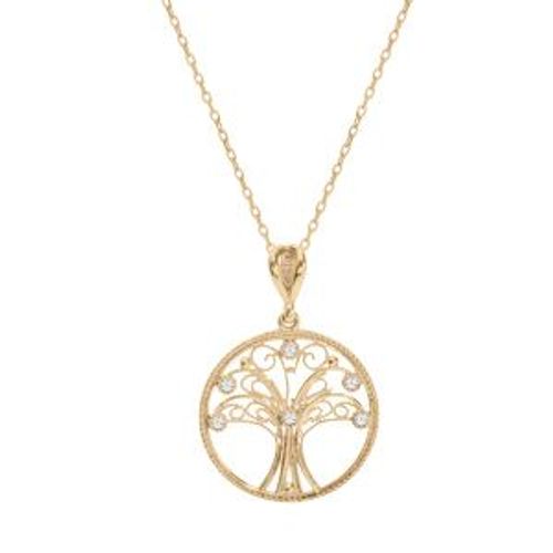 Collier Plaqué Or Pendentif Arbre De Vie Filigrane Et Oxydes Blancs Sertis 40+5cm