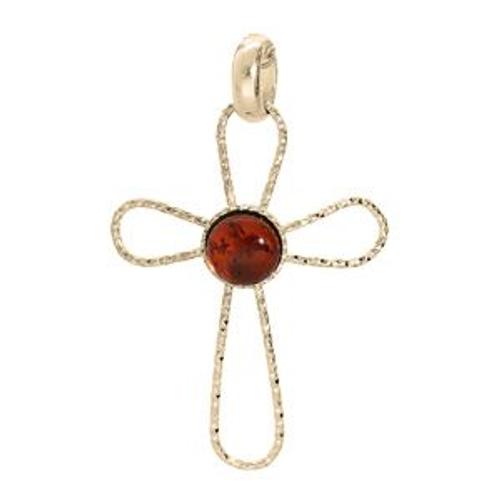 Pendentif Plaqué Or Croix Cabochon Ambre Veritable