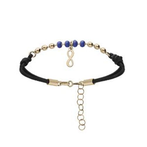 Bracelet Argent Et Dorure Jaune Cordon Noir Pampille Infini 16+3cm