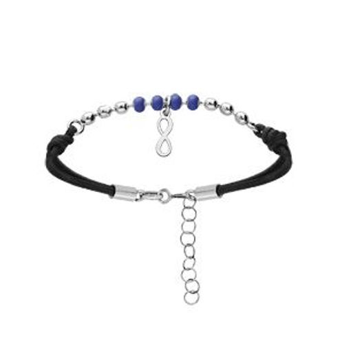 Bracelet Argent Rhodié Cordon Noir Pampille Infini 16+3cm