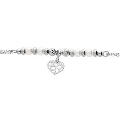 Bracelet Argent Rhodié Pampille Coeur Et Perle Blanche Imitation 16+3cm