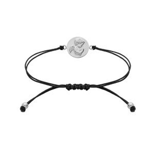 Bracelet Argent Rhodié Cordon Coulissant Noir Avec Angelot