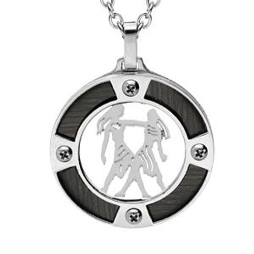 Collier Acier Pendentif Rond Zodiaque Gemeaux Aspect Bois Noir Et Vis Cruciforme 50+5cm