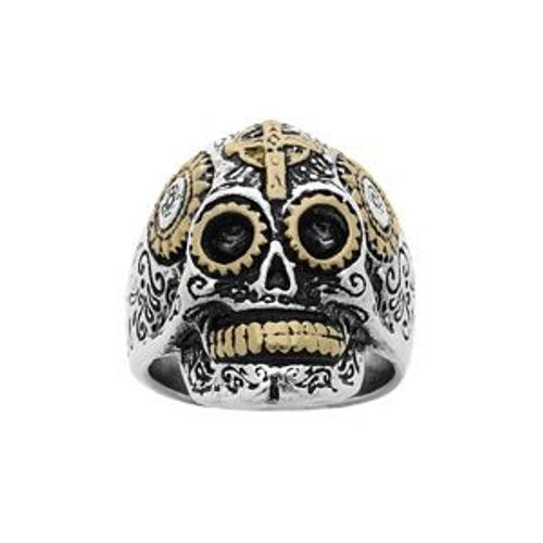Bague Acier Tête De Mort Motif Croix Pvd Jaune