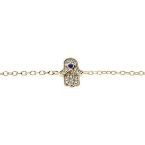 Bracelet Plaqué Or Main De Fatma Oxydes Blancs Et Bleu Sertis 16+3cm