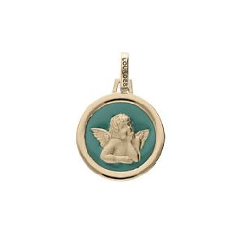 Pendentif Plaqué Or Ovale Ange Sur Fond Résine Vert Canard