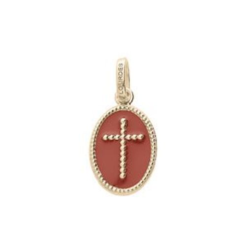 Pendentif Plaqué Or Ovale Croix Sur Fond Résine Corail