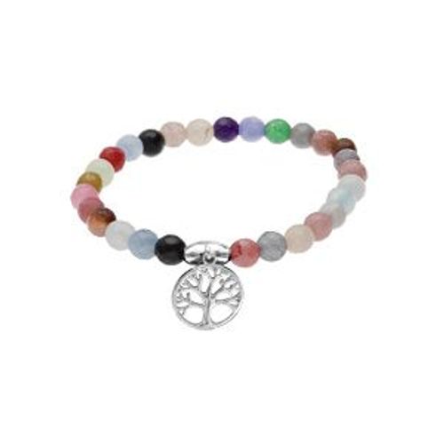 Bracelet Argent Rhodié Extensible Pierres Naturelles Agate Multicolore Arbre De Vie