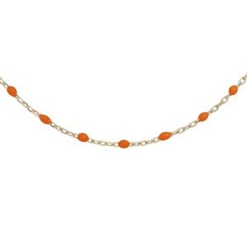 Collier Argent Et Doré Jaune Olives Résine Orange Fluo 40+5cm