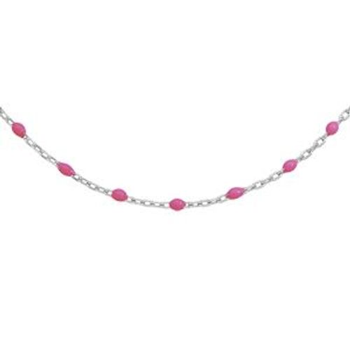 Sautoir Argent Rhodié Olives Résine Rose Fluo 60+10cm