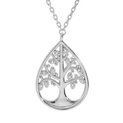 Collier Argent Rhodié Forme Goutte Arbre De Vie Oxydes Blancs Sertis 40+3,5cm