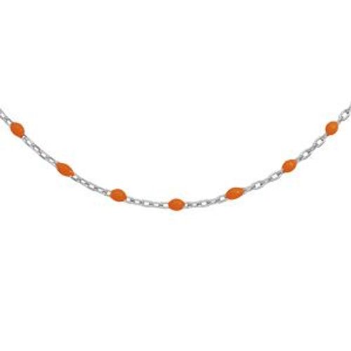 Collier Argent Rhodié Olives Résine Orange Fluo 40+5cm