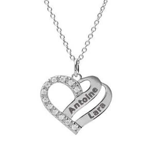 Collier Argent Platiné Coeur À Graver Avec Oxydes Blancs Sertis 42+3cm