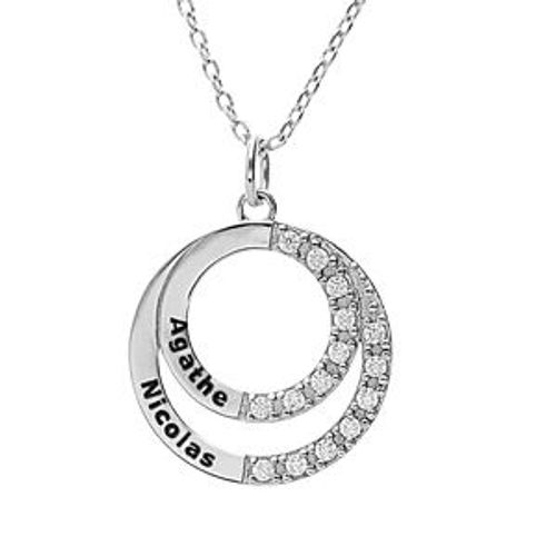 Collier Argent Platiné Double Cercle À Graver Avec Oxydes Blancs Sertis 42+3cm