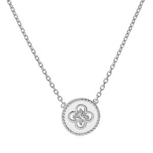 Collier Argent Rhodié Pastille Résine Blanche Croix Oxydes Blancs Sertis 38+4cm