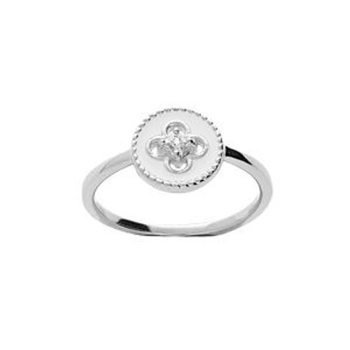 Bague Argent Rhodié Pastille Résine Blanche Croix Oxydes Blancs Sertis