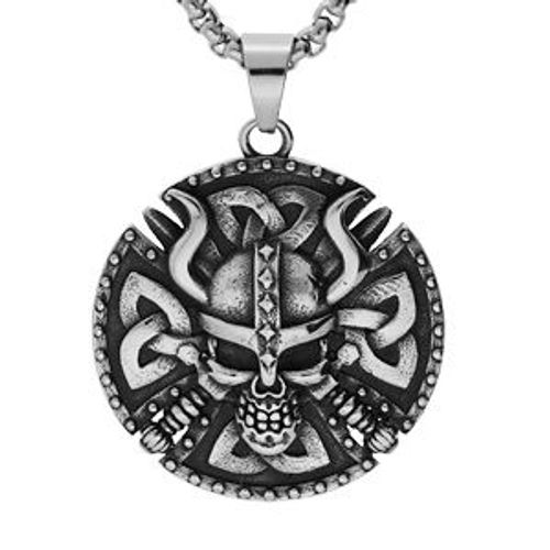 Collier Acier Gros Pendentif 45mm Patiné Rond Viking Tête De Mort 52+5cm
