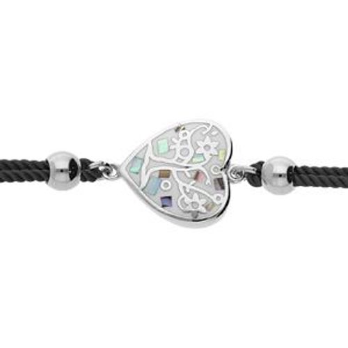 Bracelet Acier Stella Mia Cordon Bleu Marine Forme Coeur Arbre De Vie Avec Nacre 16+3cm