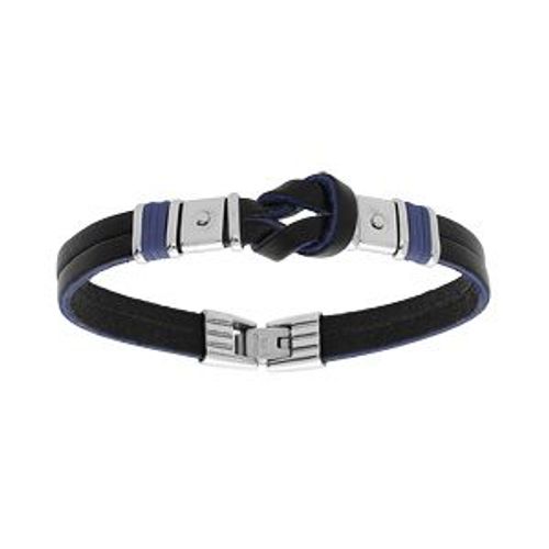 Bracelet Acier Cuir Bovin Noir Avec Noeud Et Cordon Bleu 20,5cm+1,5cm Double Fermoir
