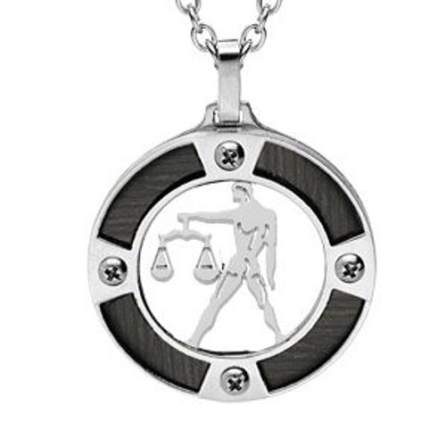 Collier Acier Pendentif Rond Zodiaque Balance Aspect Bois Noir Et Vis Cruciforme 50+5cm