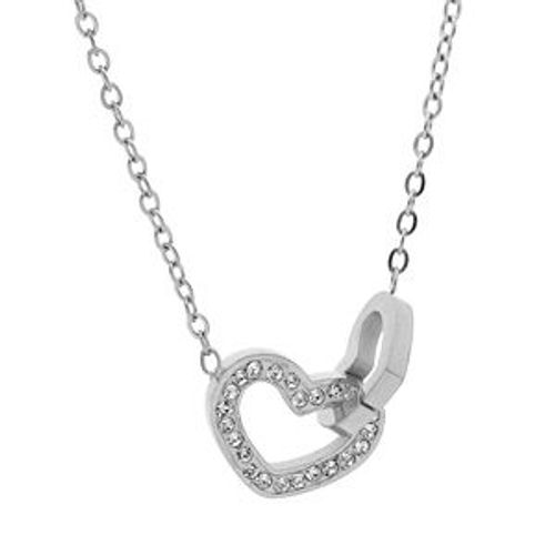 Collier Acier Pendentif Double Coeur Oxydes Blancs Sertis 39+5cm