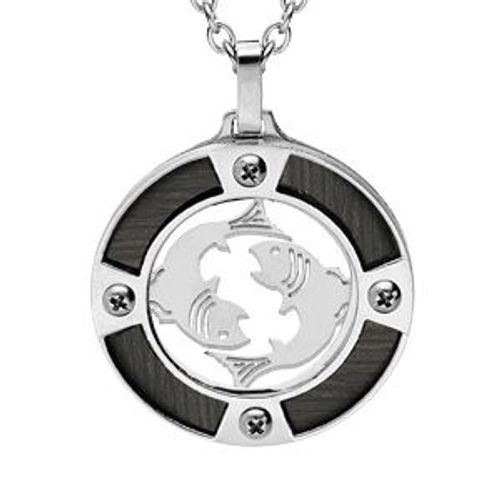 Collier Acier Pendentif Rond Zodiaque Poissons Aspect Bois Noir Et Vis Cruciforme 50+5cm