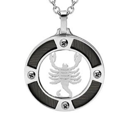 Collier Acier Pendentif Rond Zodiaque Scorpion Aspect Bois Noir Et Vis Cruciforme 50+5cm