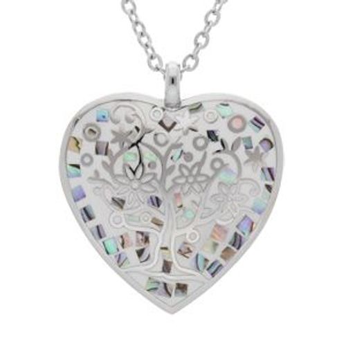 Collier Acier Stella Mia Forme Coeur Arbre De Vie Bleu Avec Nacre 38+7cm