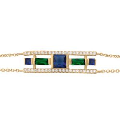 Bracelet Plaqué Or Géometrique Verre Bleu Foncé Et Vert Contour Oxydes Blancs Sertis 16+3cm