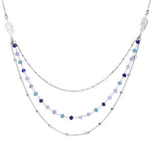 Collier Argent Rhodié Plume 3 Rangs Pierres S Dégradés Bleu 42+3cm