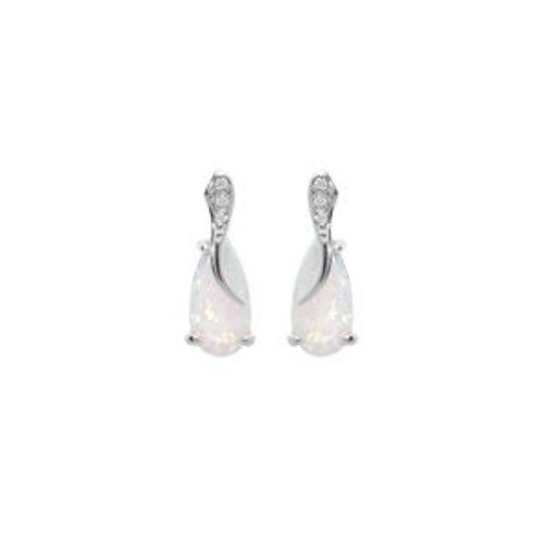 Boucles D'oreilles Tige Argent Rhodié Opale Blanche Imitation Et Oxydes Blancs Sertis