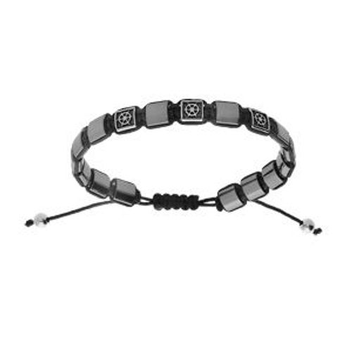 Bracelet Acier Hématite Véritable Et Barre De Bateau Cordon Noir Coulissant