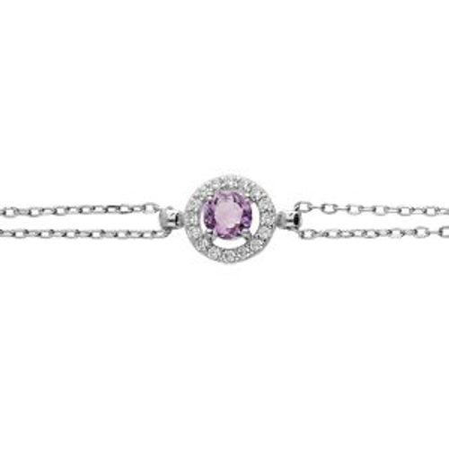 Bracelet Argent Rhodié Double Chaîne Amethyste Véritable Et Contour Oxydes Blancs Sertis 16+3cm