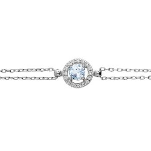 Bracelet Argent Rhodié Double Chaîne Topaze Bleu Véritable Et Contour Oxydes Blancs Sertis 16+3cm