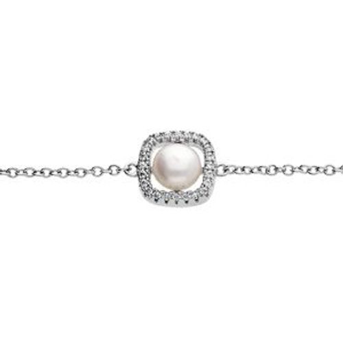 Bracelet Argent Rhodié Carré Oxydes Blancs Avec Perle De Culture D'eau Douce Blanche 16+3cm
