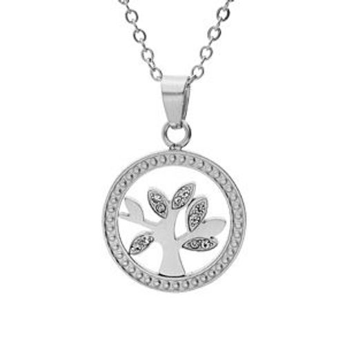 Collier Acier Pendentif Rond Arbre De Vie Oxydes Blancs 40+5cm