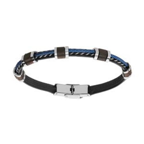 Bracelet Acier Et Cuir Bovin Noir Et Câble Bleu Avec Motif Bois De Chene