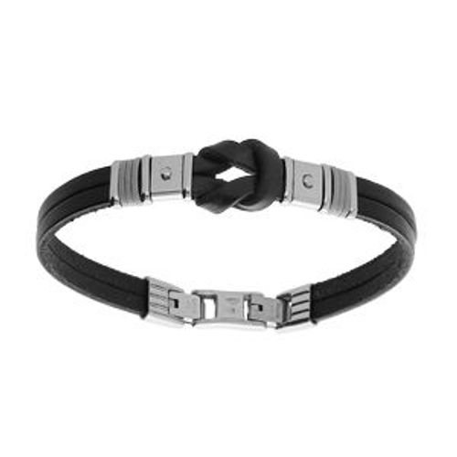 Bracelet Acier Cuir Bovin Noir Avec Noeud Tranche Et Cordon Gris 20,5cm+1,5cm Double Fermoir