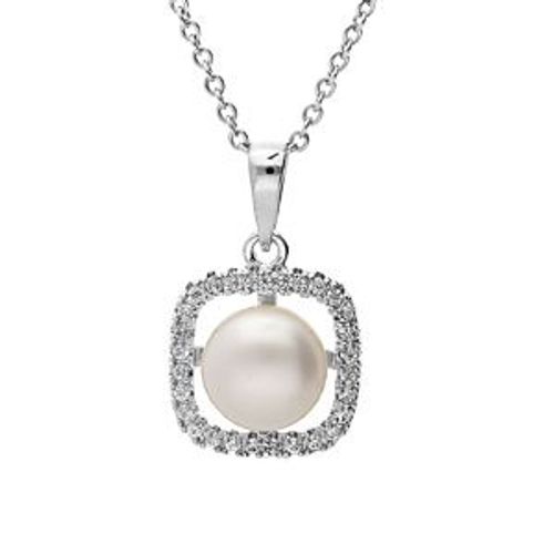 Collier Argent Rhodié Pendentif Carré Oxydes Blancs Avec Perle De Culture D'eau Douce Blanche 40+4cm
