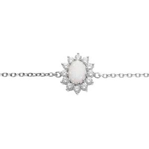 Bracelet Argent Rhodié Pendentif Opale Blanche Imitation Et Oxydes Blancs Sertis 16+3cm
