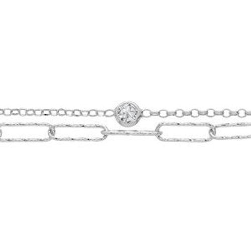 Bracelet Argent Rhodié Mailles Rectangles Et 2 Oxydes Blancs 16+3cm
