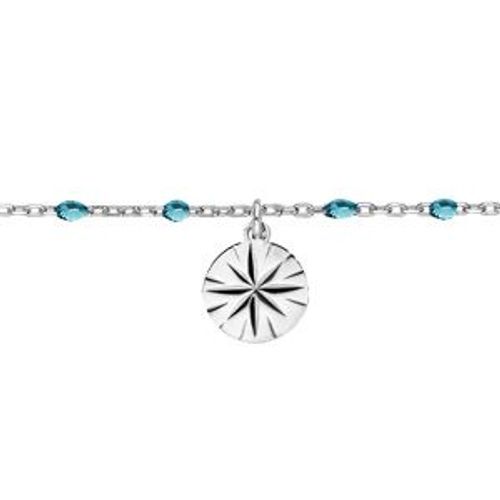 Chaîne Cheville Argent Rhodié Olives Résine Bleu Transparent Et Soleil Diamanté 23+3cm